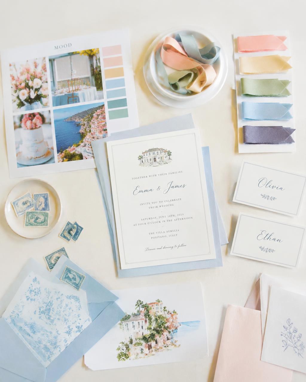 Party planning flat lay with a mood board, ribbon swatches, invitations and place cards