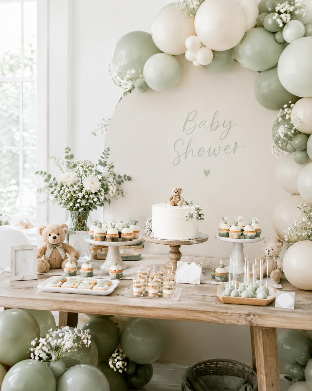 Sage and cream baby shower dessert table with teddy bears and balloons