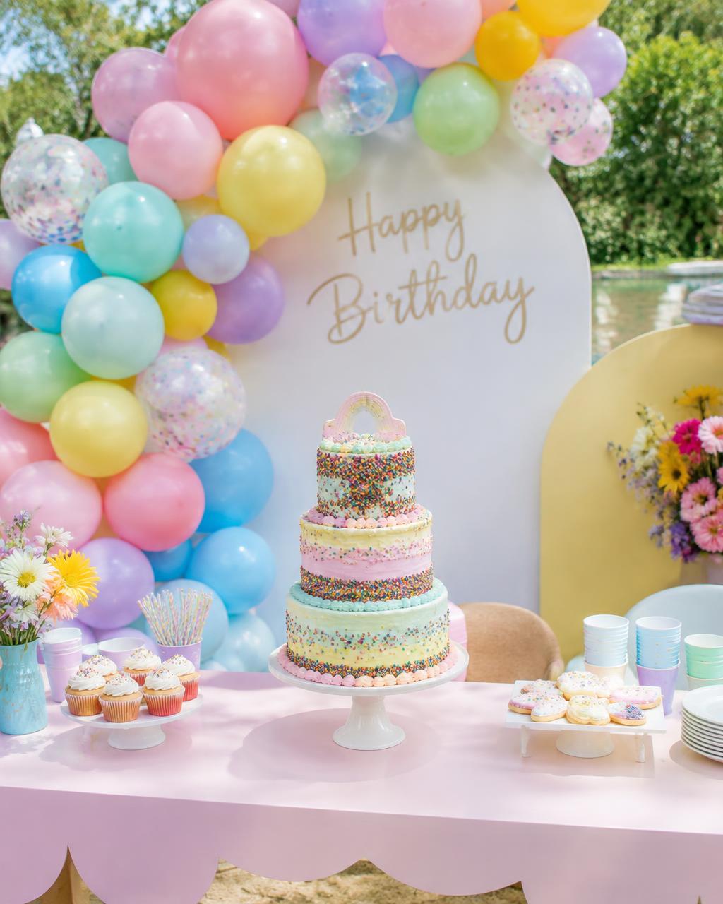 Pastel balloon arch behind a sprinkle birthday cake and cupcakes