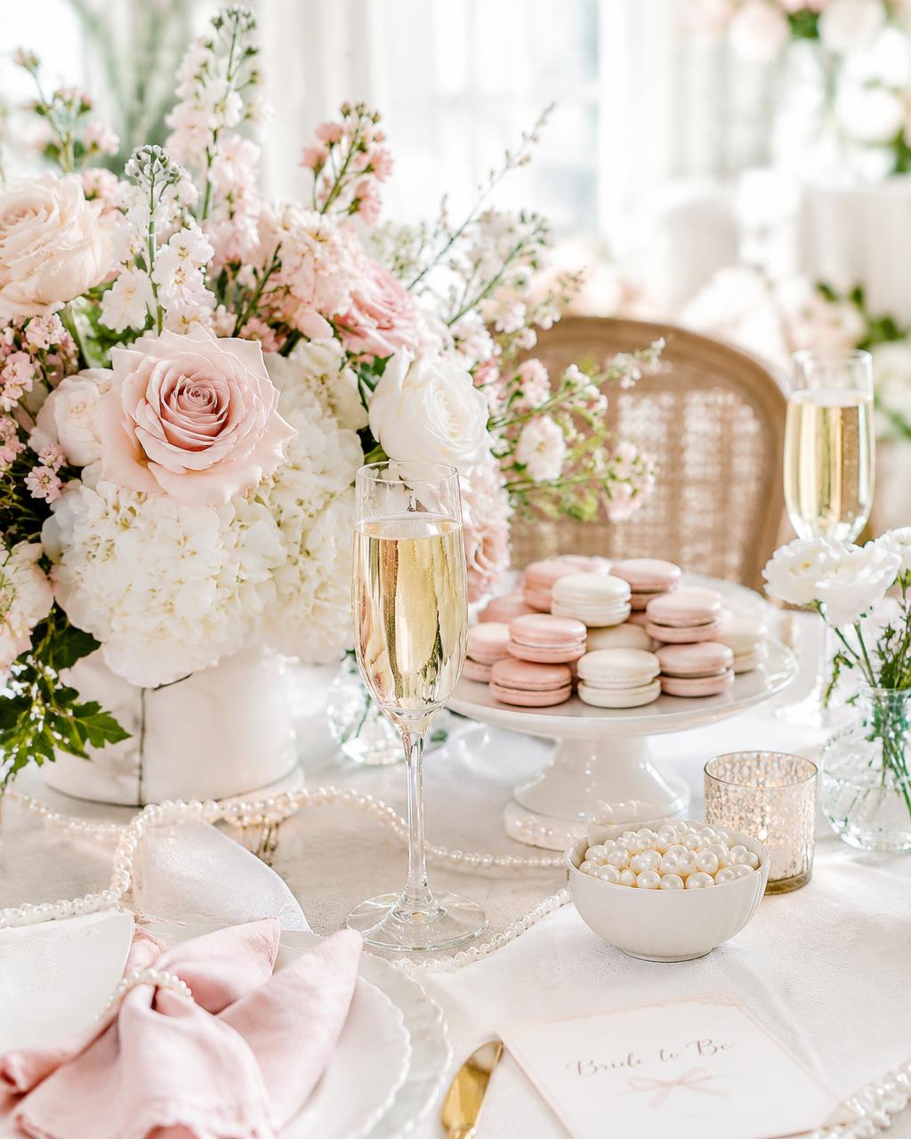 Bridal shower table with blush roses, champagne flutes and macarons