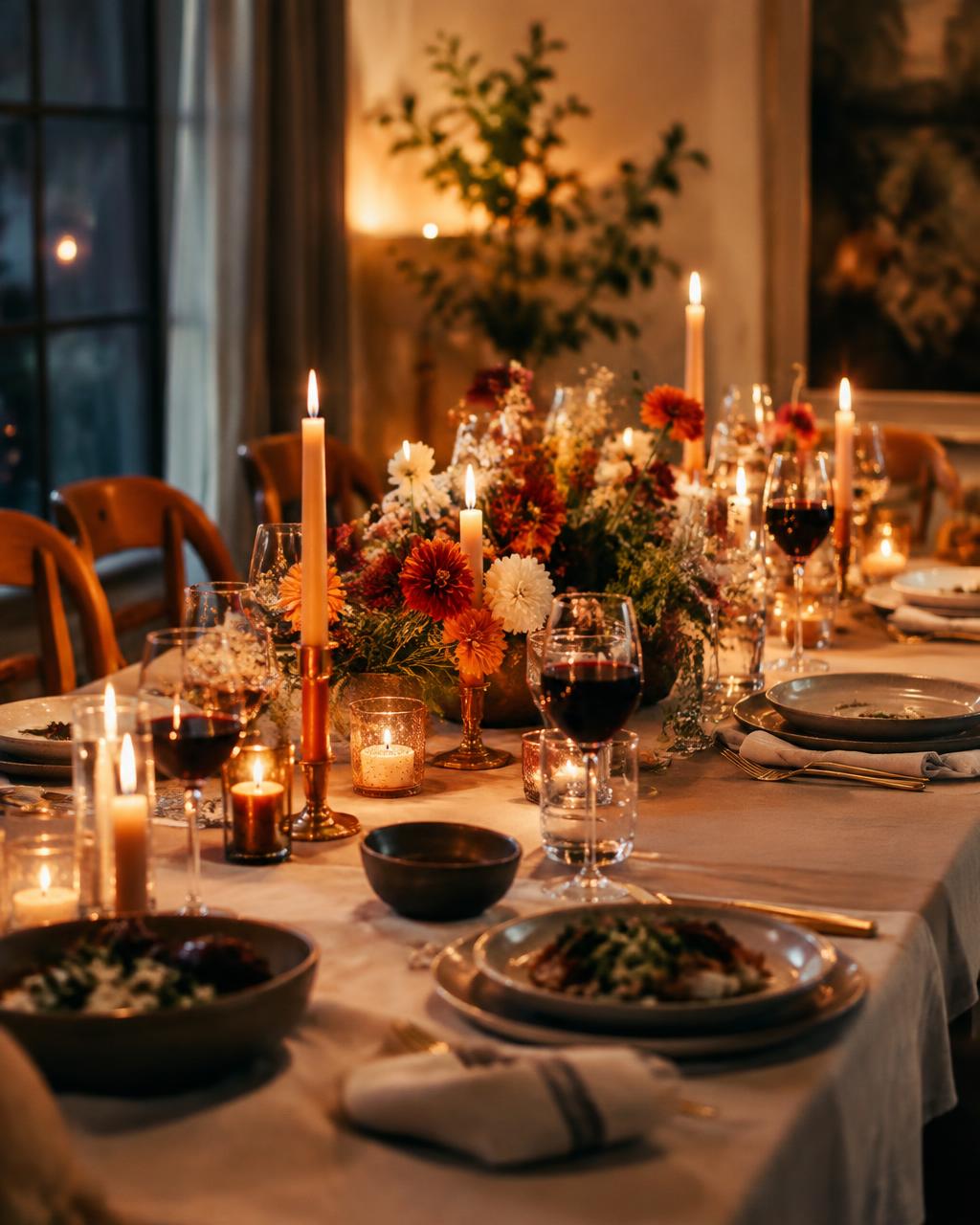 Candlelit dinner party table with linen, wine glasses and autumn flowers