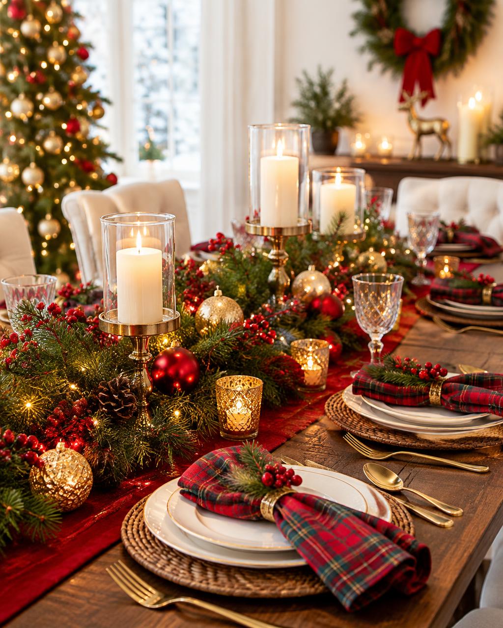 Holiday table with evergreen garland, tartan napkins and gold candles