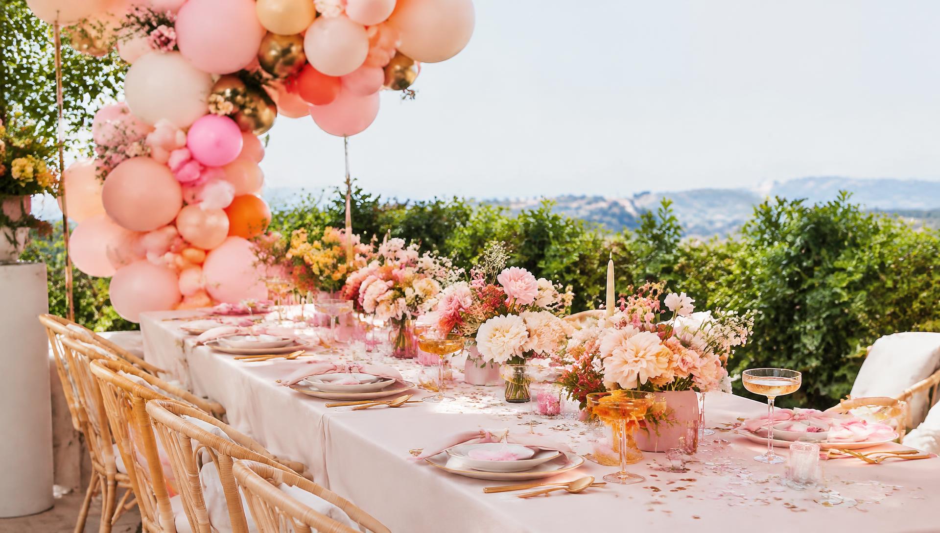 Outdoor party table styled with a pastel balloon garland, florals and gold coupes