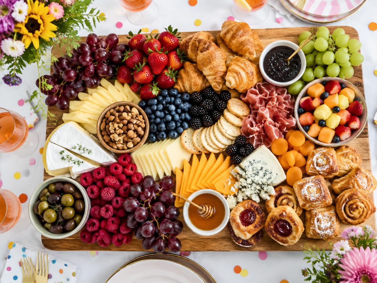 A colourful grazing board with fruit, cheese, pastries and charcuterie