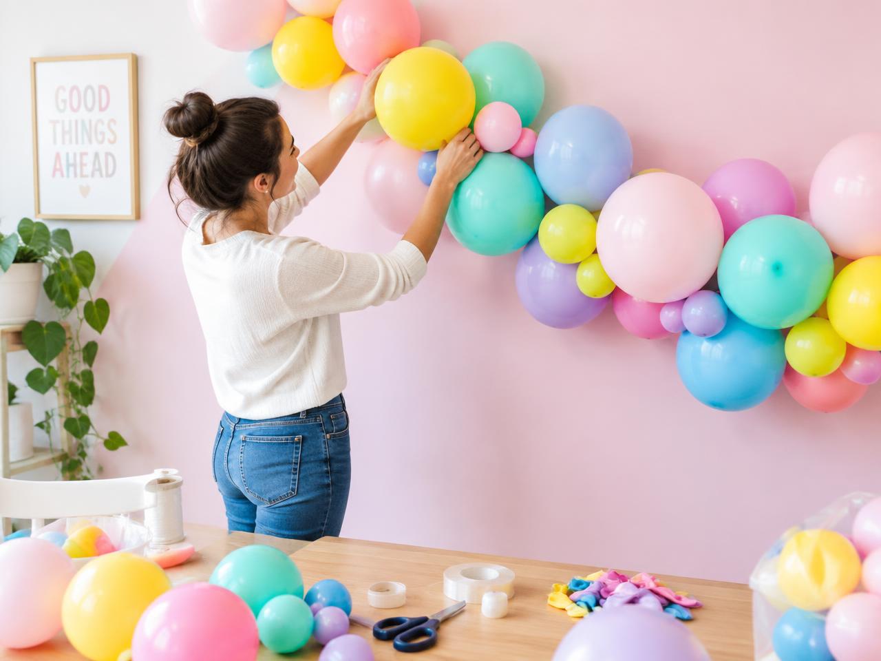 A woman hanging a pastel balloon garland on a pink wall