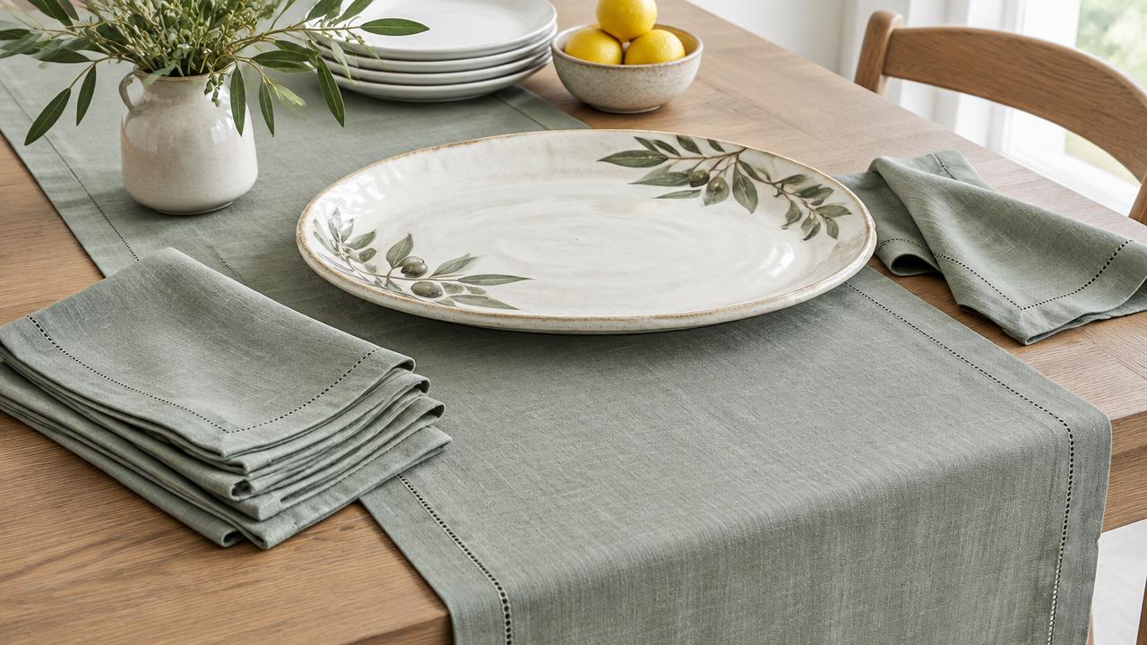 Sage linen table runner with matching napkins and an olive-branch platter